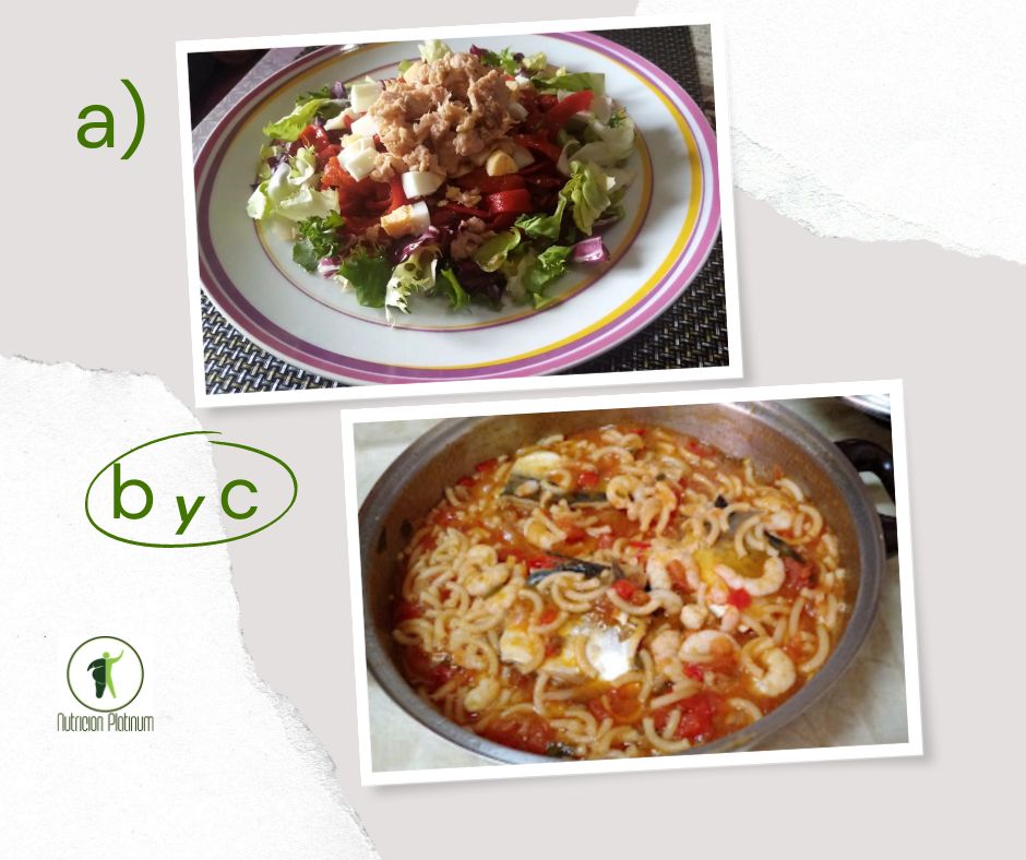 Ensalada de pimientos asados atún y huevo con fideos con caballa